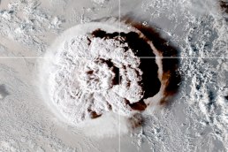 Satellite view of the eruption of an underwater volcano off Tonga