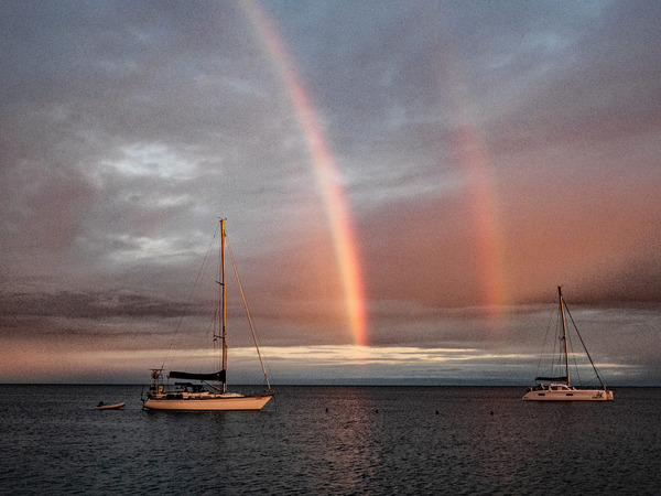 A double rainbow in our Tahiti anchorage.