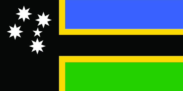 The official Australian South Sea Islander flag initially designed in consultation with the ASSI community. The flag was formally adopted in 1998 by ASSIUC. The colour scheme incorporates colours resonant to people with forebears of which the three quarters of the trade were taken from the 83 islands of Vanuatu and are represented through colours green, gold and black, a third of the trade was from the Solomon Islands represented with blue, white, green. The overall flag is inclusive other parts of the South Pacific affected by Blackbirding as we are connected through the ocean blue and white stars. 
